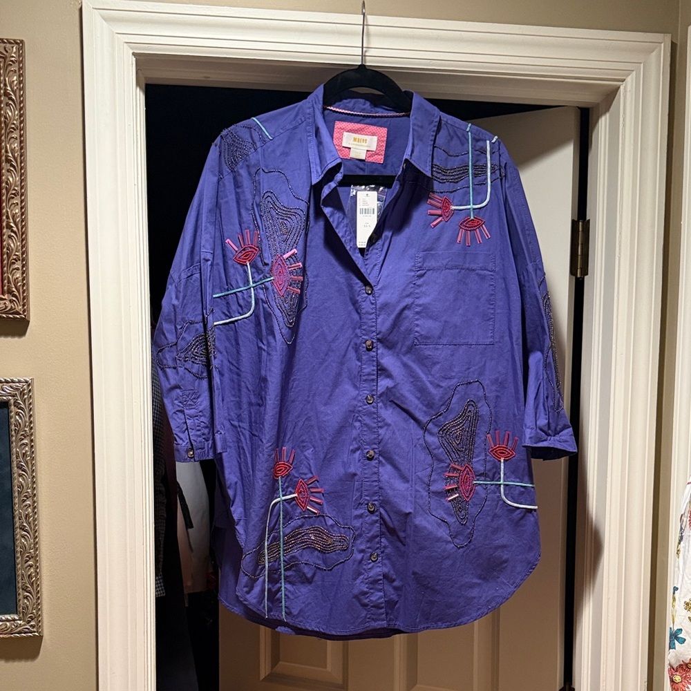 NWT Anthropologie Maeve Purple Embroidered Button Down Shirt - Picture 5 of 12